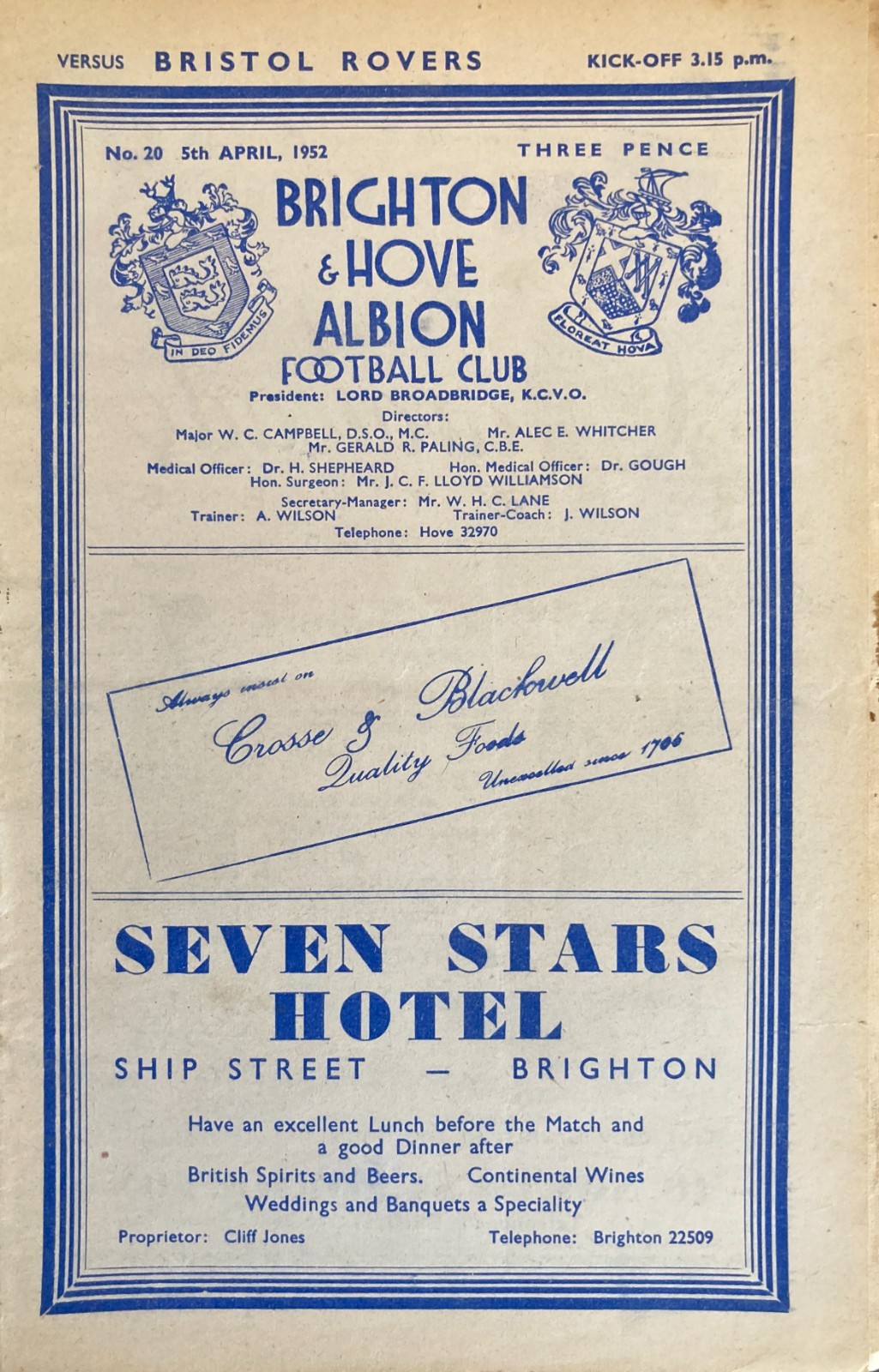 Brighton v Bristol Rovers Div 2 1951/52 for sale on Ebay