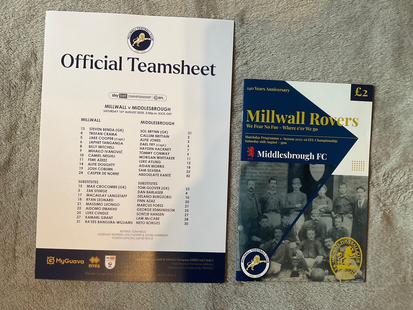 Millwall V Middlesbrough programme & team-sheet 16/08/2025 for sale on Ebay
