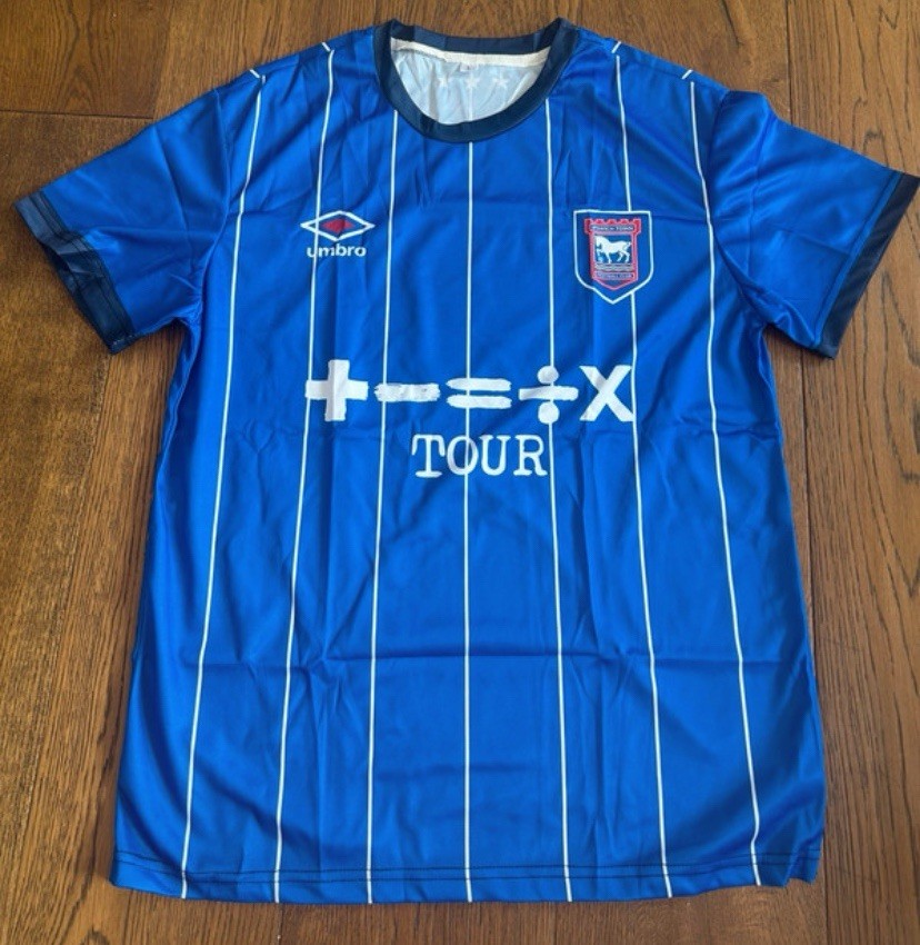 Ipswich Town FC T Shirt Replica Football Kit Ed Sheeran Merch ITFC Size Large for sale on Ebay