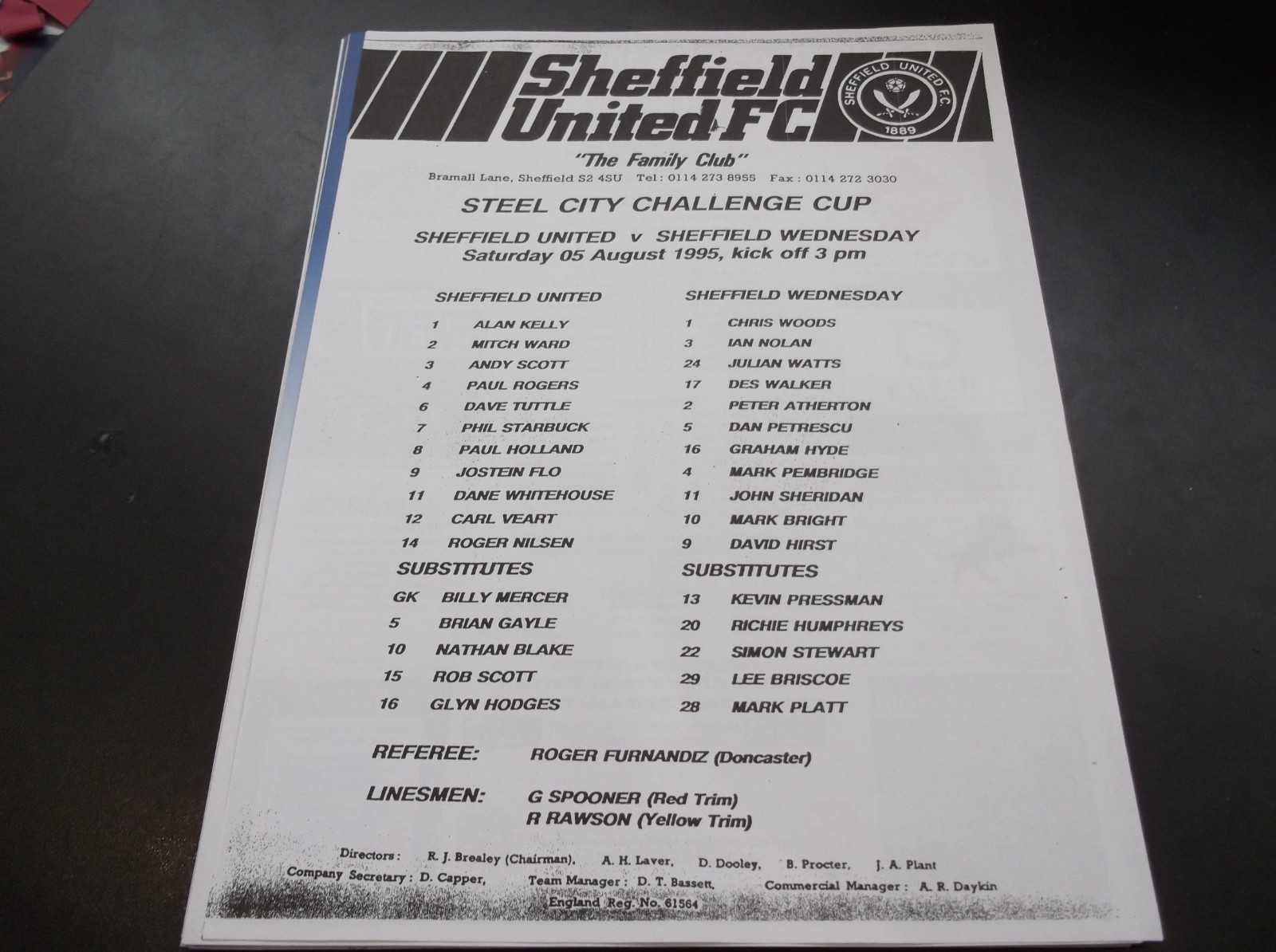 SHEFFIELD UNITED V SHEFFIELD WEDNESDAY STEEL CITY CUP FRIENDLY TEAM SHEET 1995 for sale on Ebay