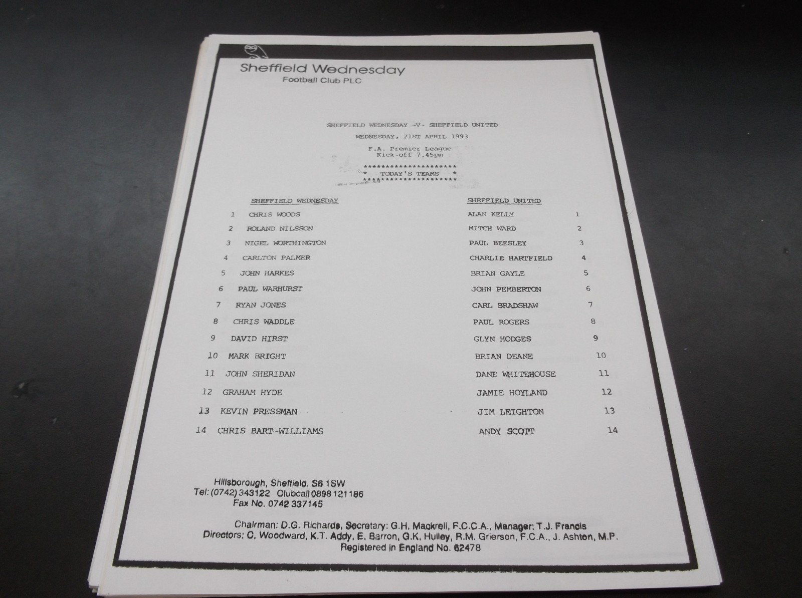 SHEFFIELD WEDNESDAY V SHEFFIELD UNITED TEAM SHEET 21 APRIL 1993 for sale on Ebay