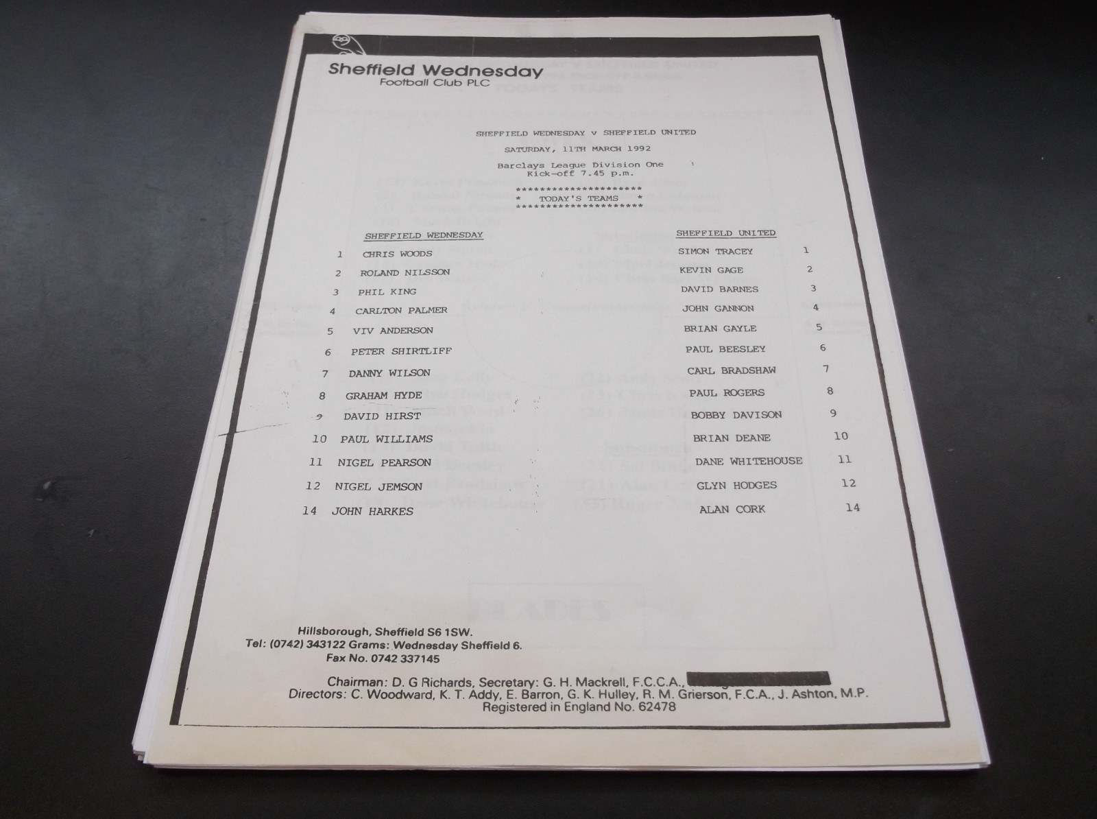 SHEFFIELD WEDNESDAY V SHEFFIELD UNITED RARE TEAM SHEET 11 MARCH 1992 1-3 BLADES! for sale on Ebay