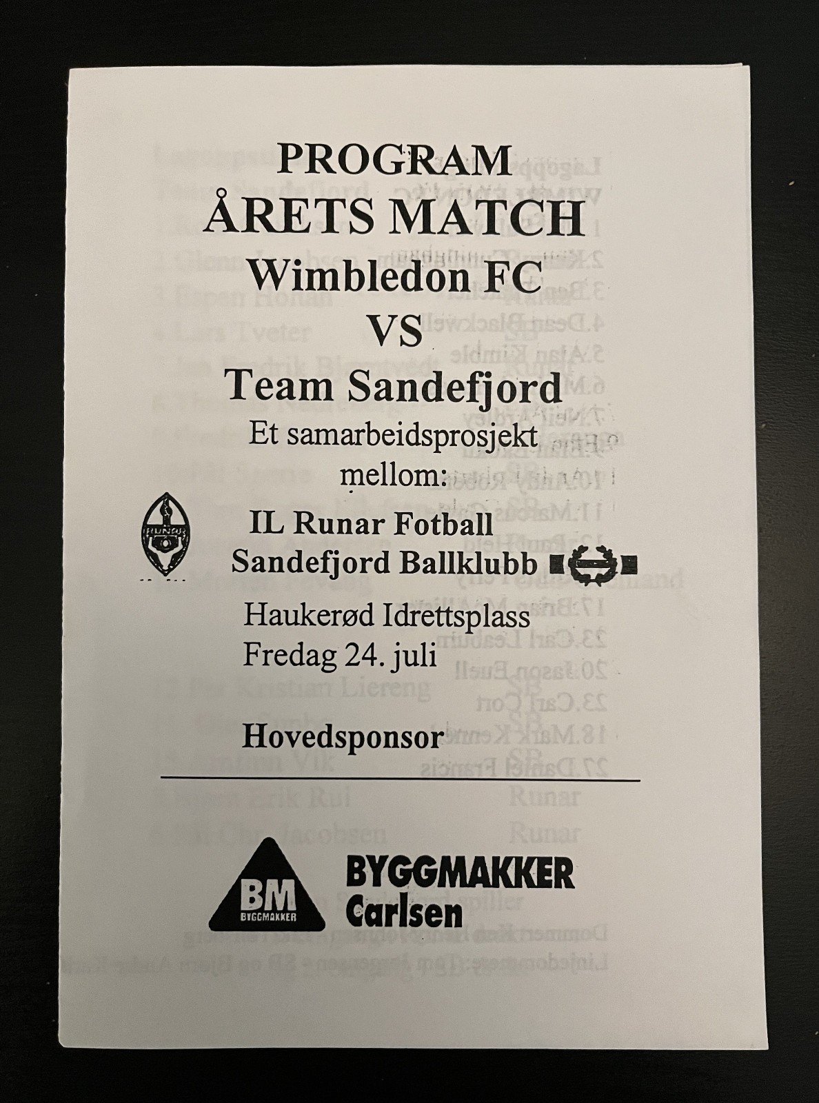 1998 - 1999 ?  Team Sandefjord  v  Wimbledon  Friendly for sale on Ebay