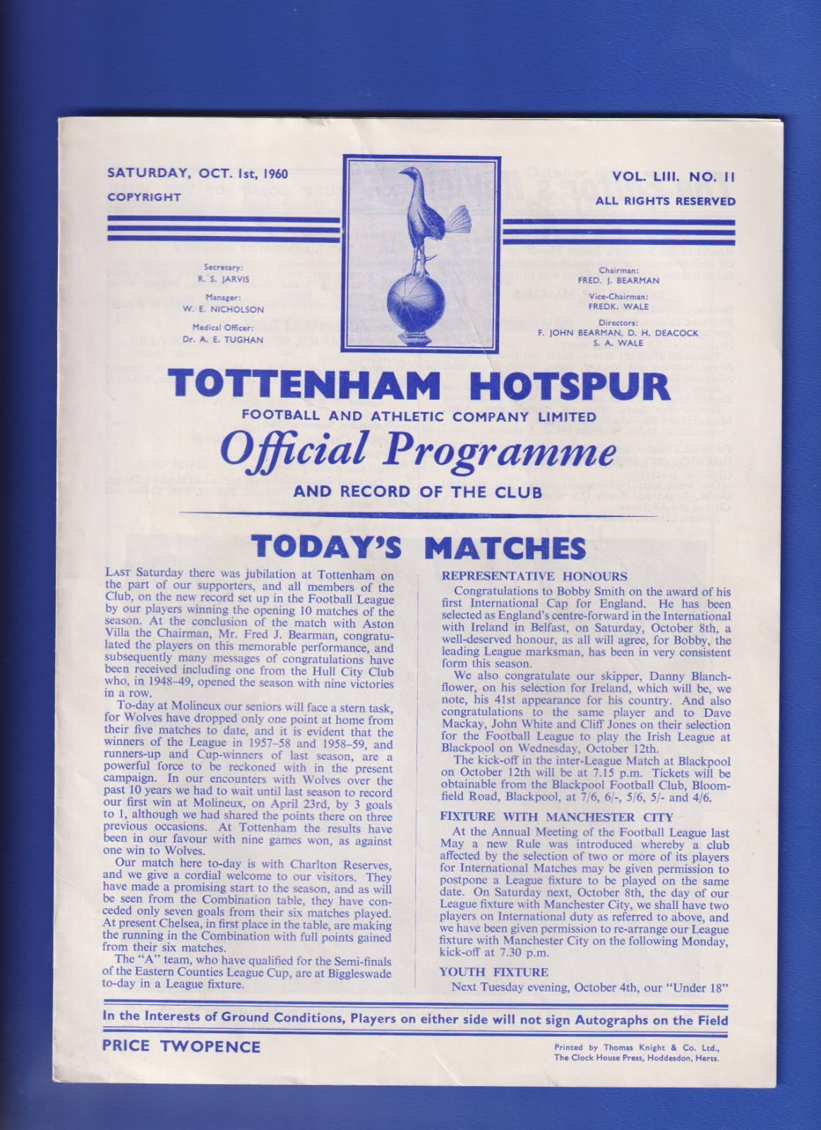 TOTTENHAM HOTSPUR RESERVES v CHARLTON ATHLETIC 1960-61 FOOTBALL COMBINATION VGC for sale on Ebay