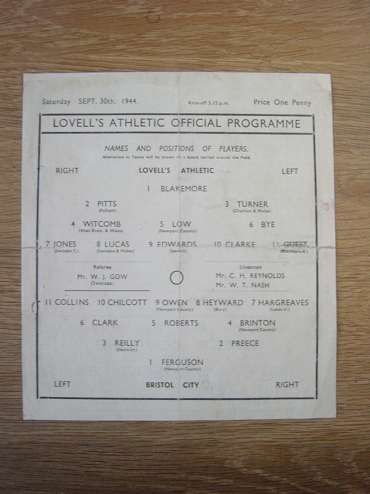 1944/45 LOVELL'S ATHLETIC v BRISTOL CITY for sale on Ebay