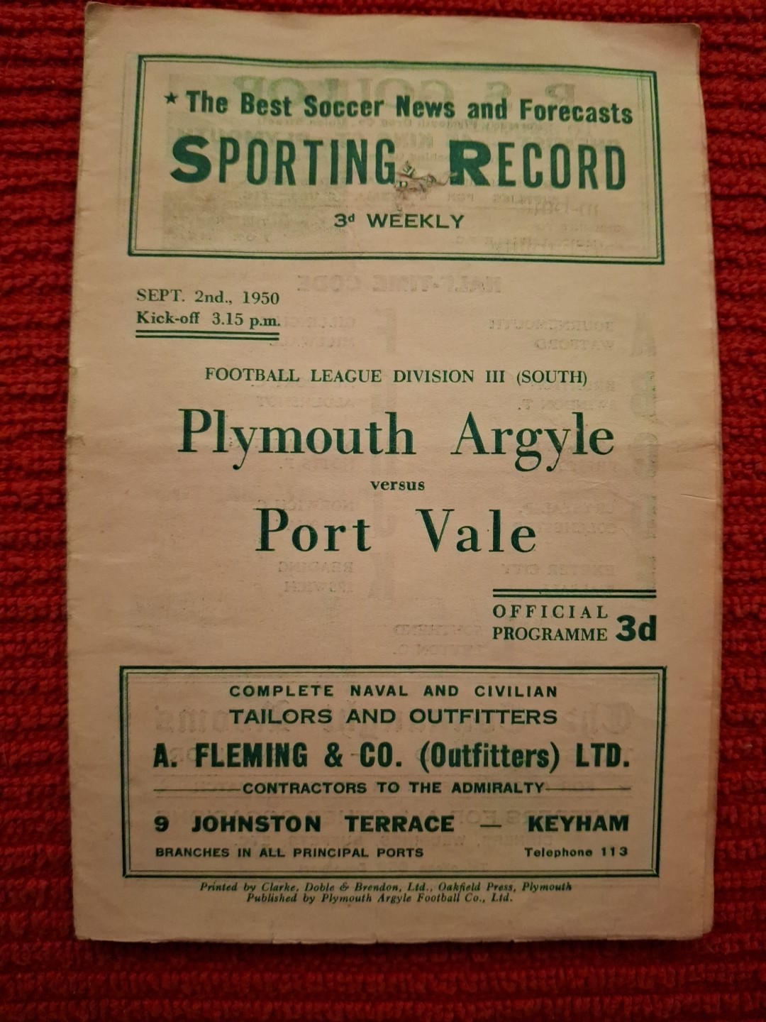 Plymouth Argyle v Port Vale programme.  2/9/1950 for sale on Ebay