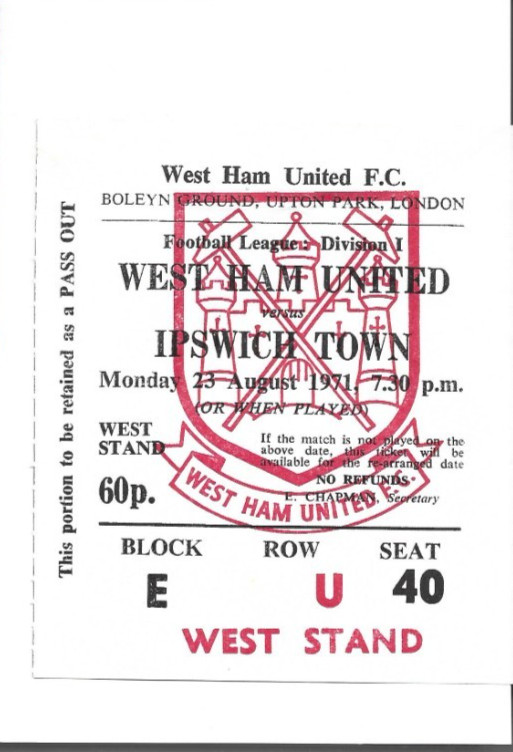 1971/72   WEST HAM UNITED v IPSWICH TOWN    -  MATCH TICKET for sale on Ebay
