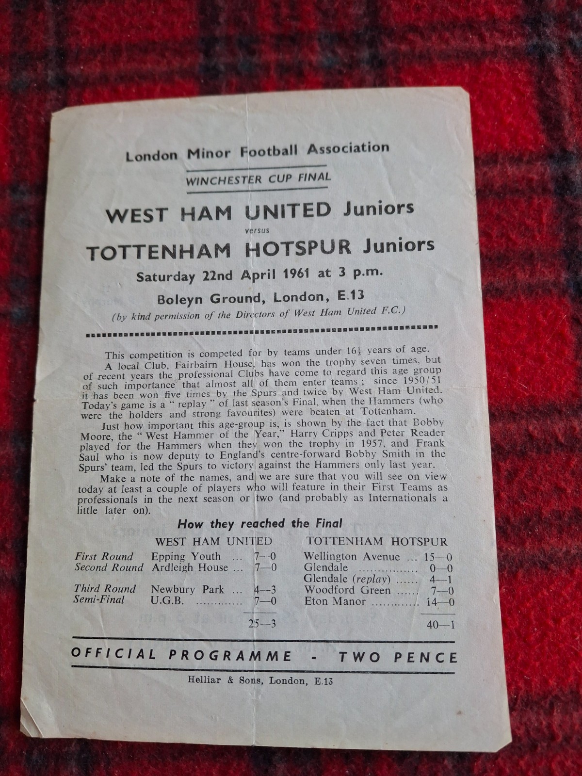 WEST HAM JUNIORS V TOTTENHAM JUNIORS 1960-61 DOUBLE SEASON for sale on Ebay