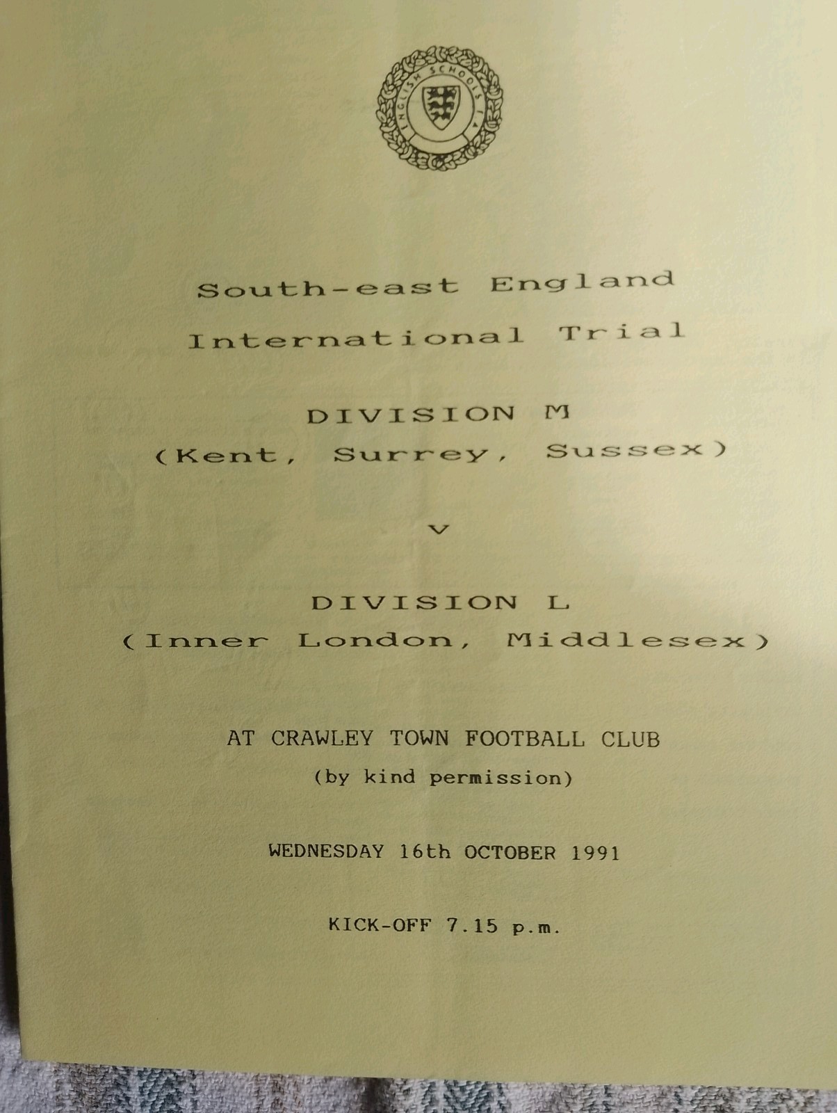 England Schools International Trial 91/92  Division M v Division L at Crawley. for sale on Ebay