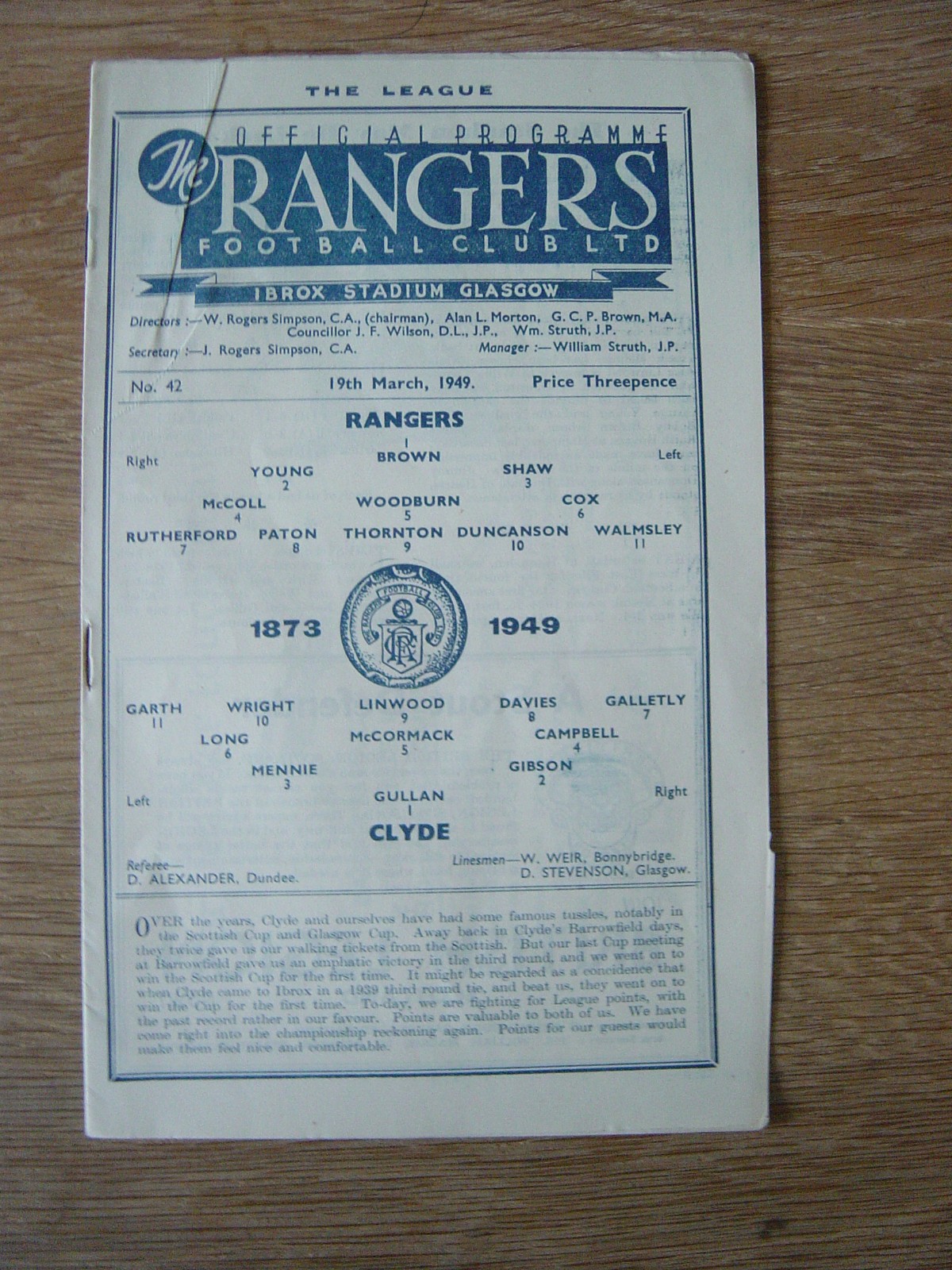 1948/49 GLASGOW RANGERS v CLYDE for sale on Ebay