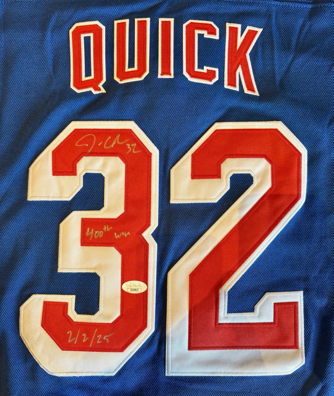 NEW YORK RANGERS JONATHAN QUICK SIGNED JERSEY WITH RARE INSCRIPTIONS JSA CERT for sale on Ebay