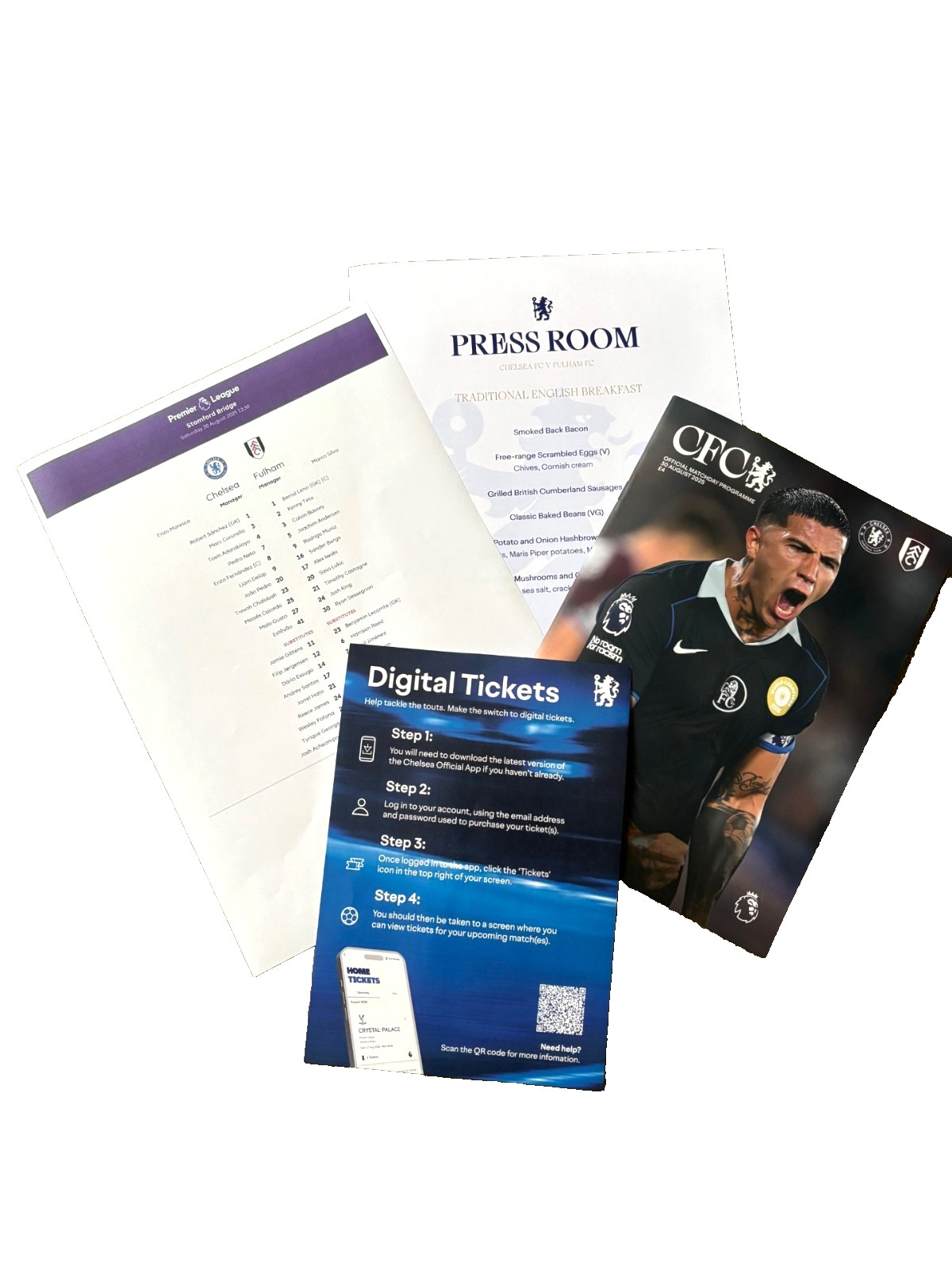 CHELSEA v FULHAM, 30.8.25, PROGRAMME, TEAMSHEET, TICKET FLYER & RARE MATCH MENU for sale on Ebay