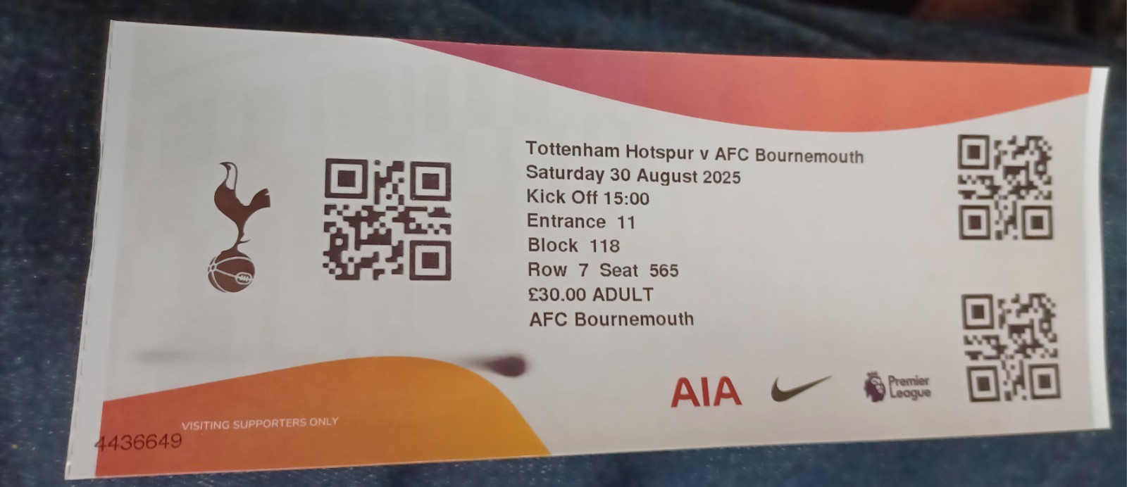 TOTTENHAM V BOURNEMOUTH TICKET STUB 30TH AUGUST 2025 for sale on Ebay