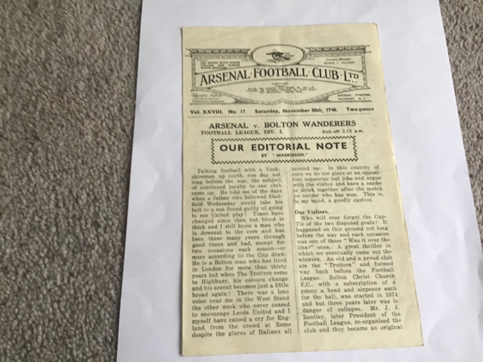 Arsenal v Bolton Wanderers  Football Programme 30/11/1946. for sale on Ebay