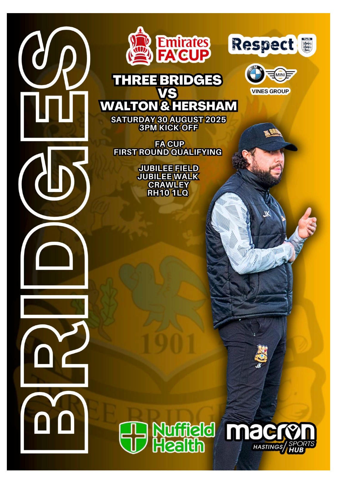 Three Bridges v Walton & Hersham FA Cup Saturday 30th August 2025 for sale on Ebay