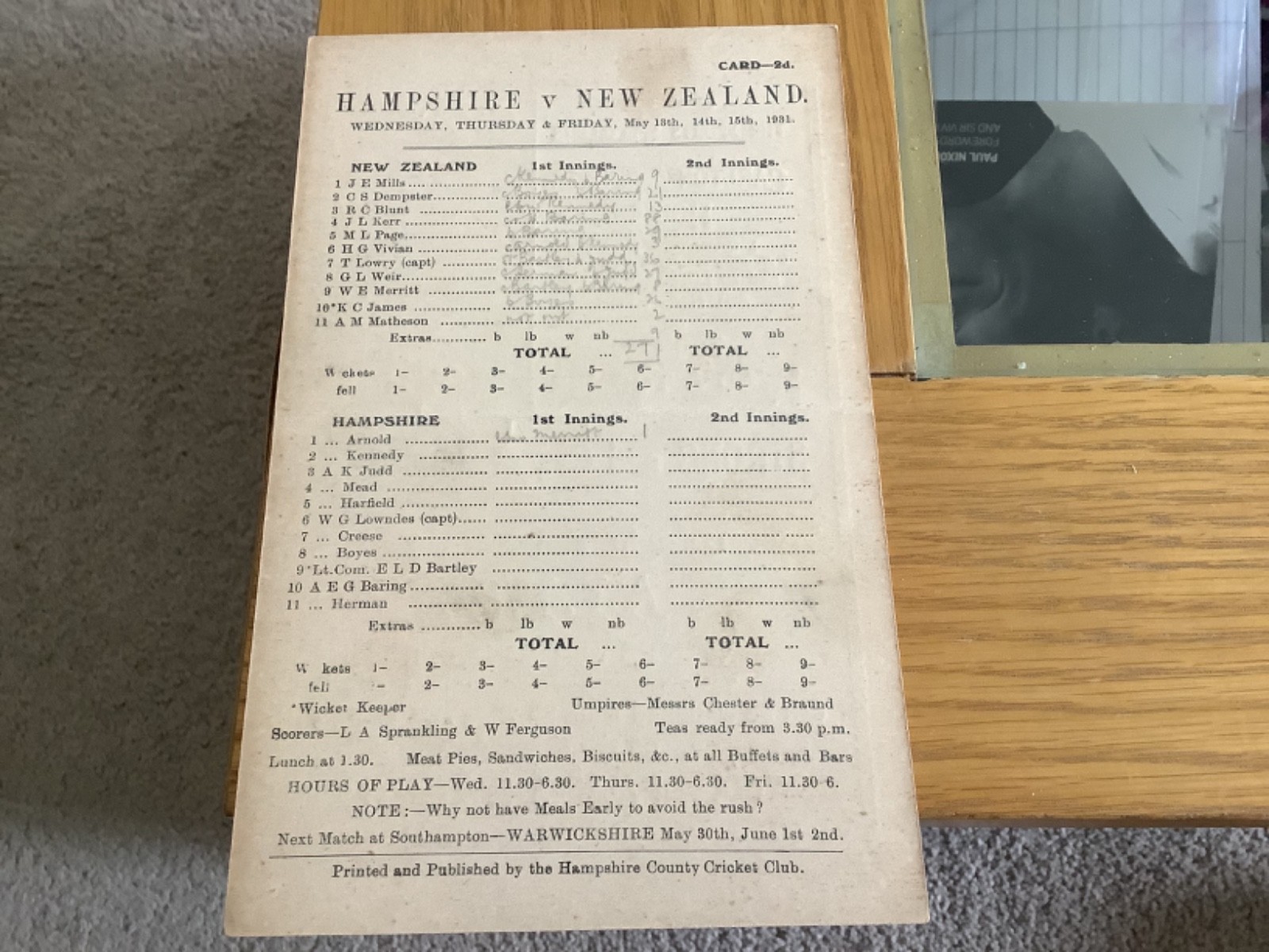 Hampshire v New Zealand at Southampton. May 1931 Scorecard. Advert, Strong Ales for sale on Ebay