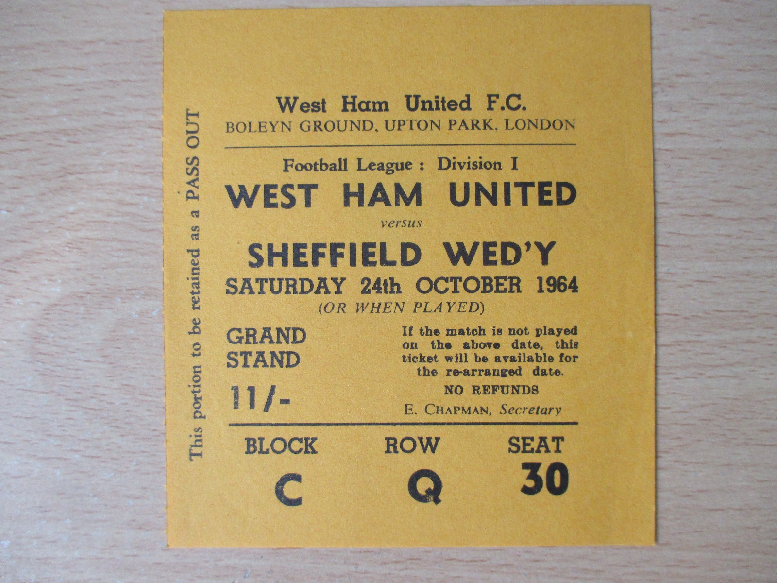 West Ham v Sheffield Wednesday 1964 Division One used ticket stub 1964/65 rare for sale on Ebay