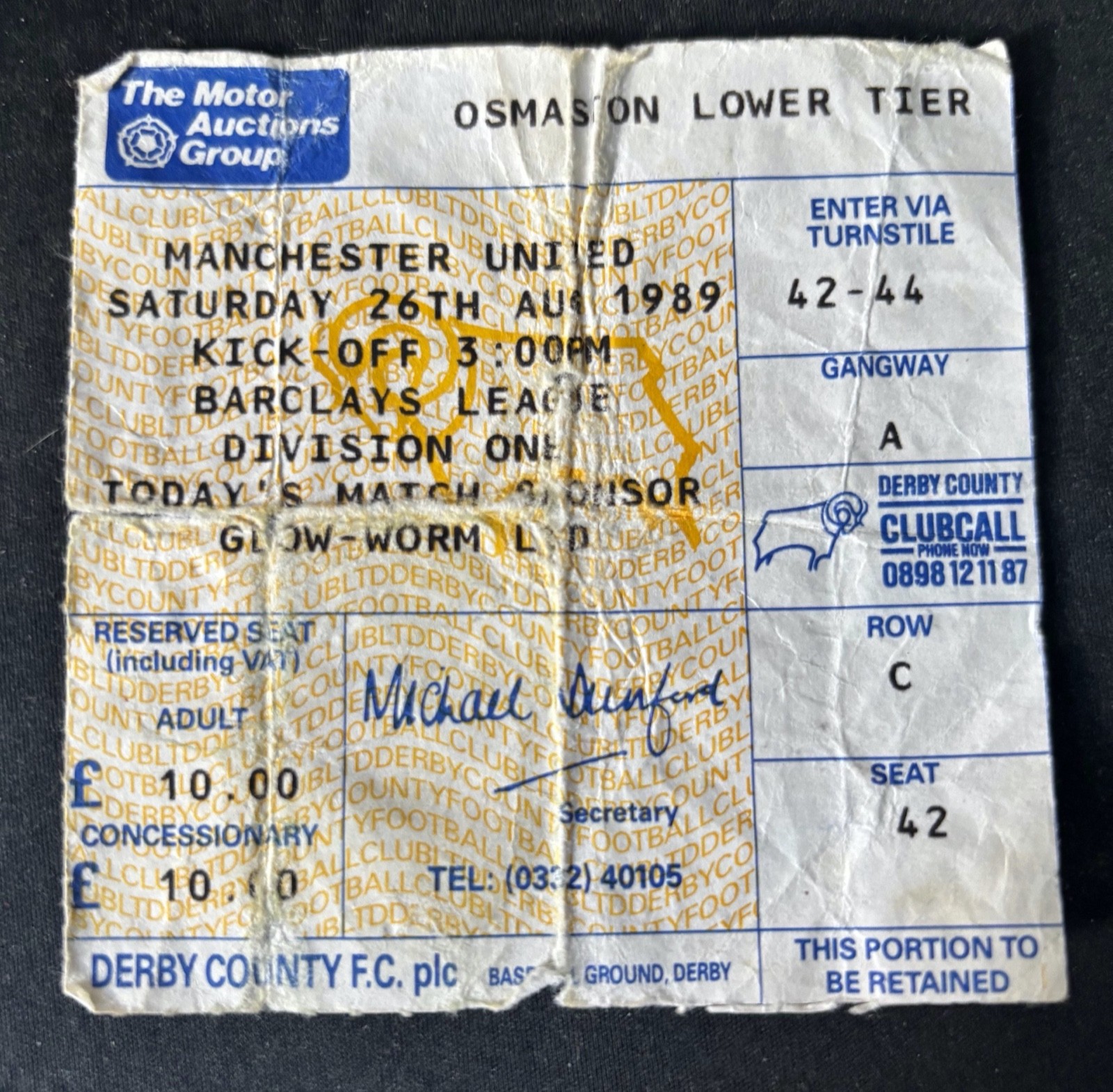Derby County vs Manchester United ticket stub 26th August 1989 Division One for sale on Ebay