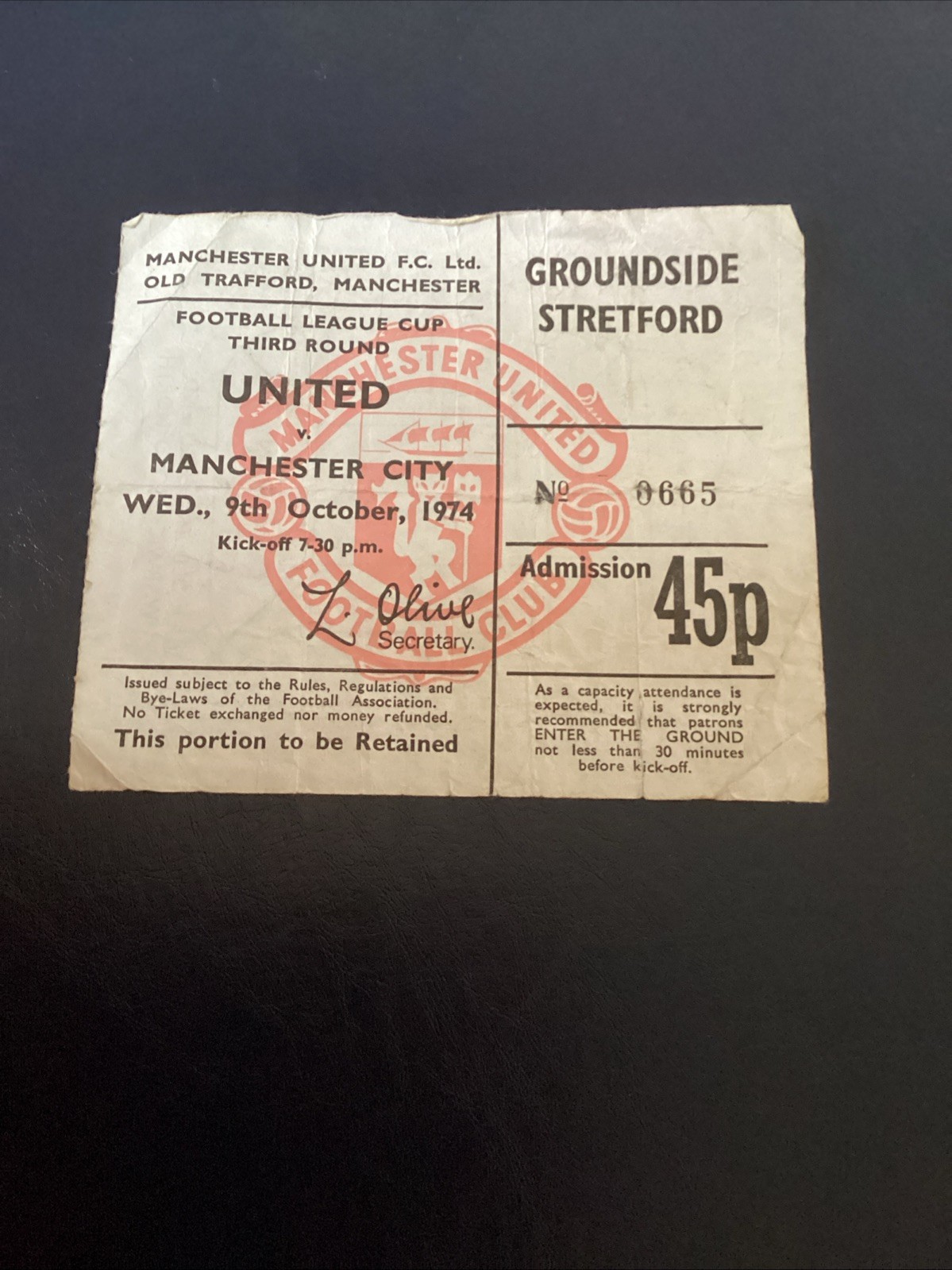 Manchester United v Manchester City 1974/75 League Cup Match Ticket for sale on Ebay