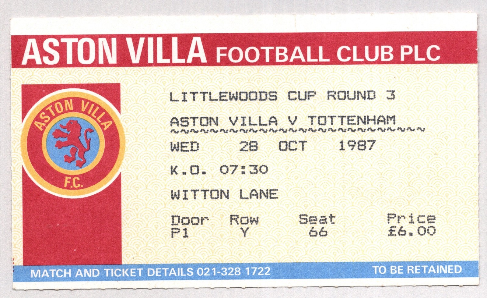 Aston Villa v Tottenham Hotspur 1987-1988 League Cup Match Ticket 28/10/1987 for sale on Ebay