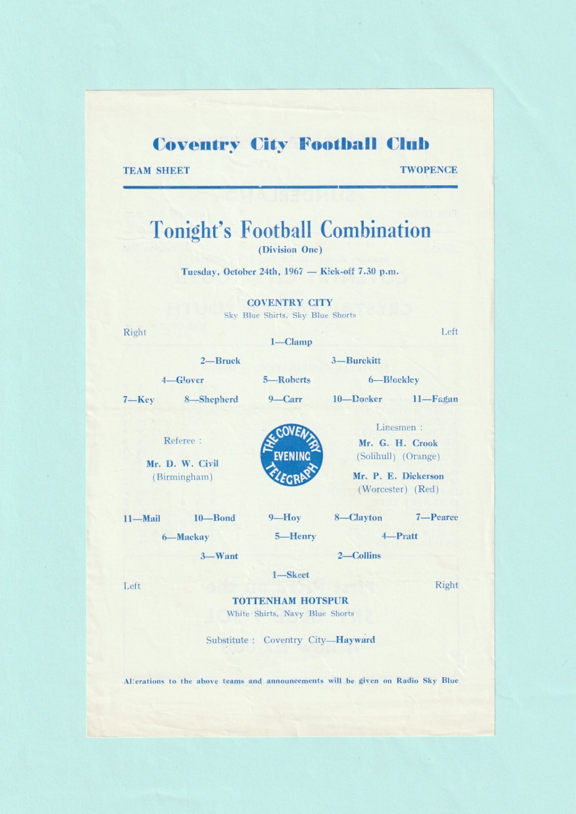 1967-1968 FOOTBALL COMBINATION : COVENTRY CITY v TOTTENHAM / SPURS RESERVES for sale on Ebay