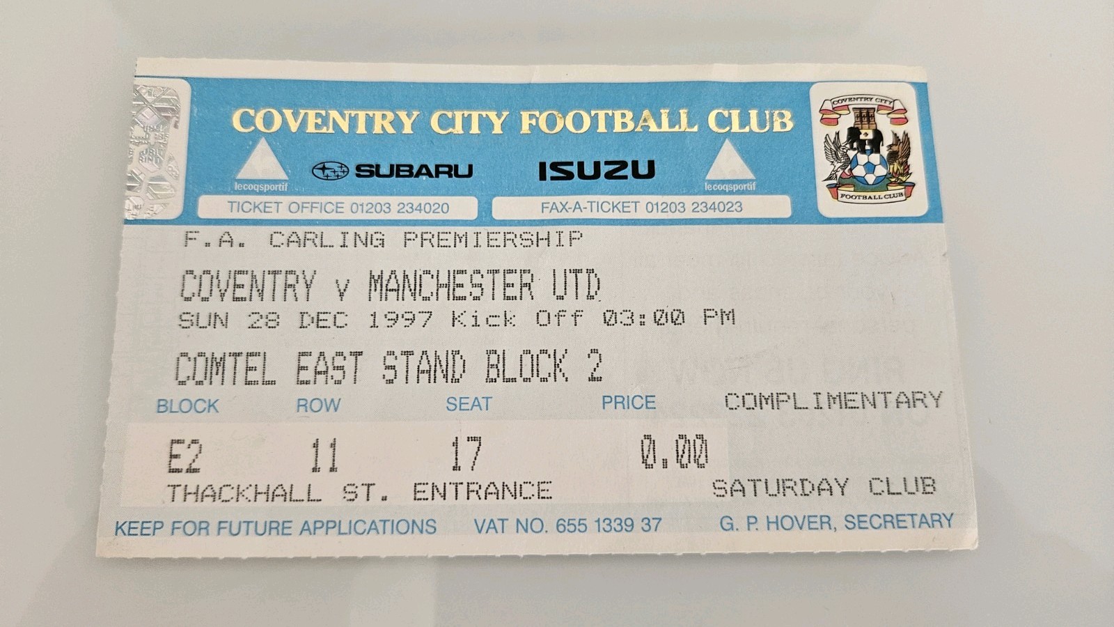 Coventry City Manchester United Ticket Stub 1997/1998 Man Utd Higfield Road VGC for sale on Ebay