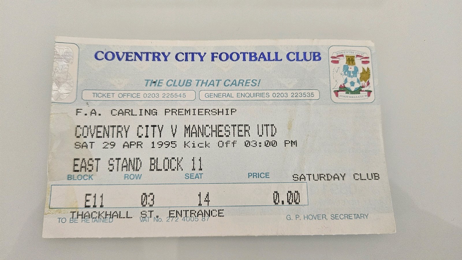 Coventry City Manchester United Ticket Stub 1995/1996 Highfield Road Man Utd for sale on Ebay