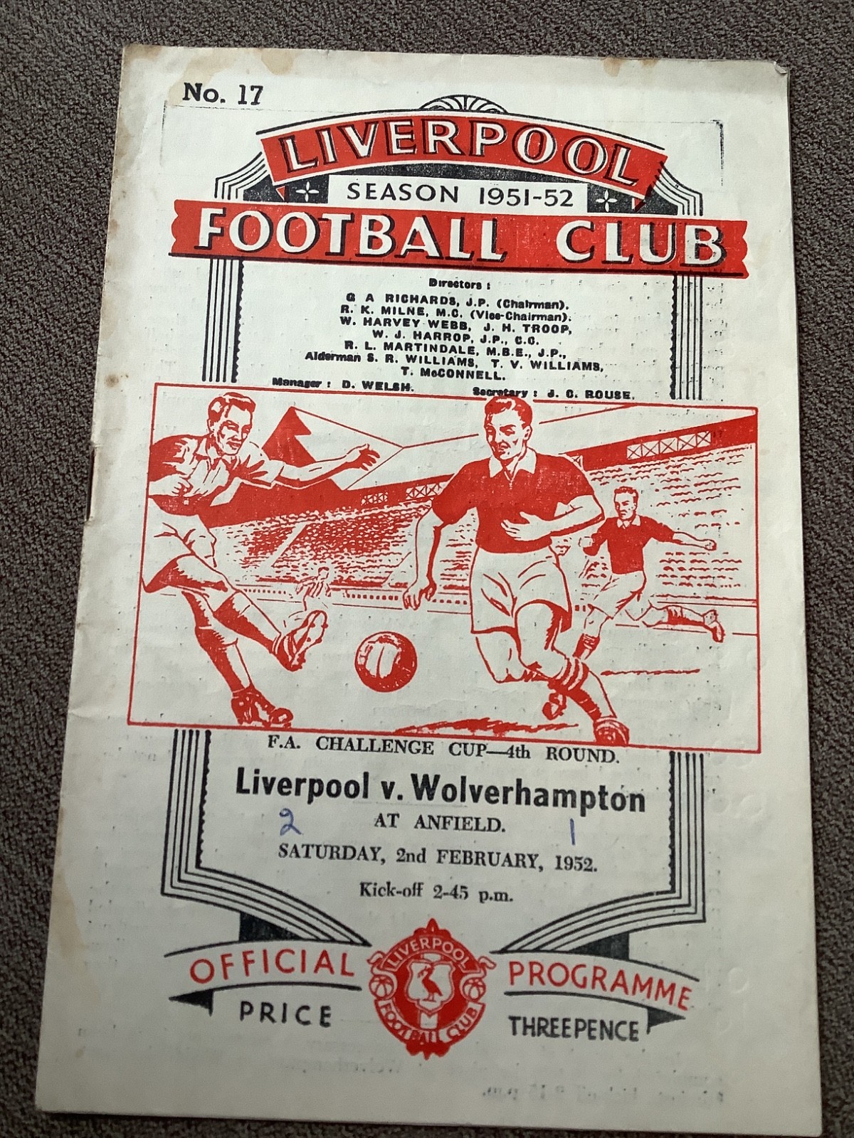 2 February 1952 Liverpool v Wolverhampton Wolves FAC for sale on Ebay