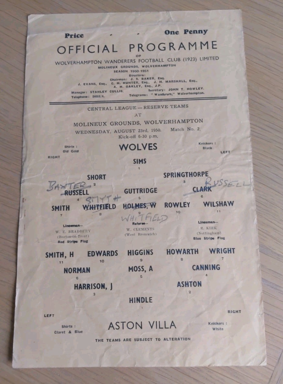 Wolves Res - Wolverhampton Wanderers v Aston Villa Res 1950-51 for sale on Ebay