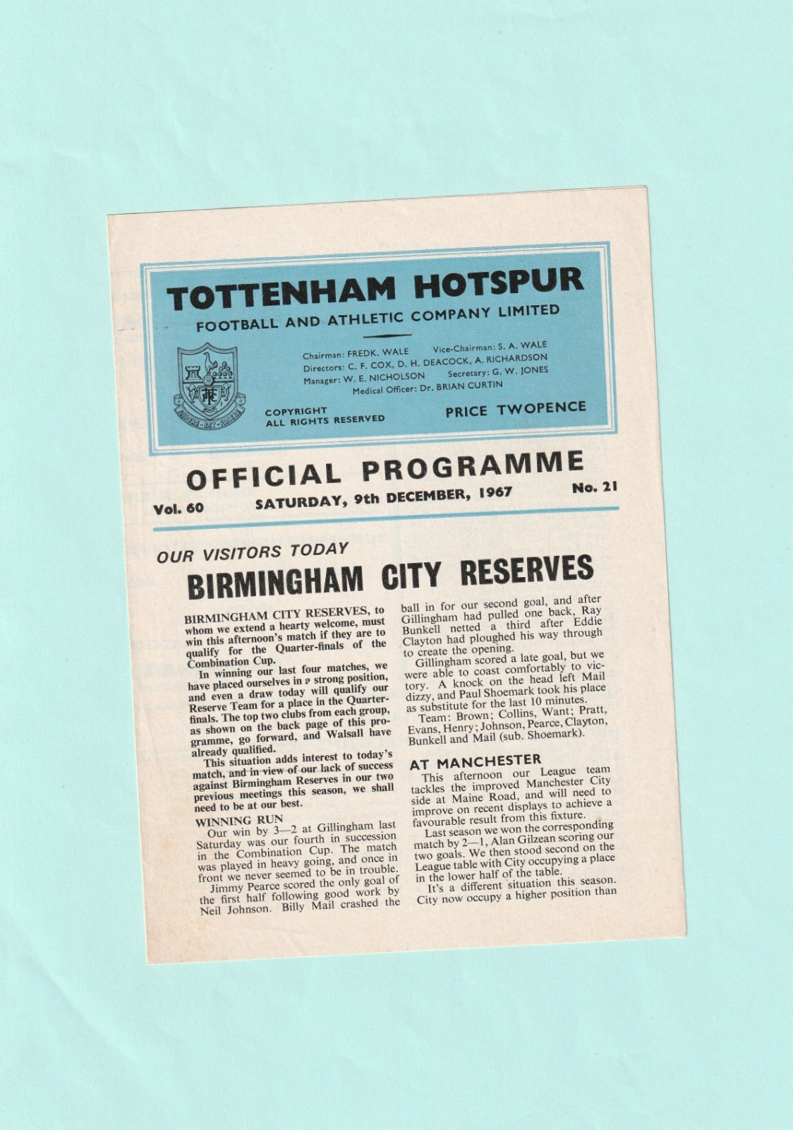 1967-1968 COMBINATION CUP : TOTTENHAM v BIRMINGHAM CITY RESERVES ABANDONED 9 DEC for sale on Ebay