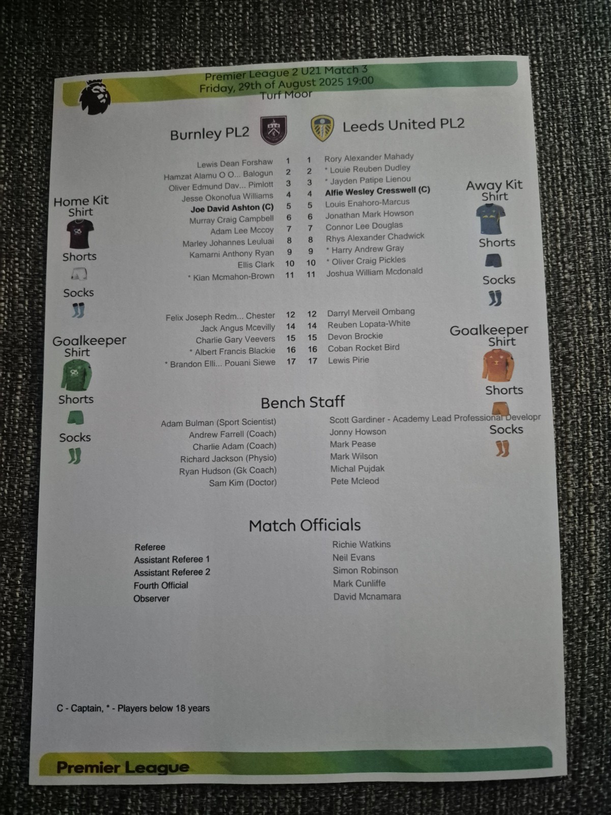 2025/26 Burnley v. Leeds United (U21 Premier League) for sale on Ebay