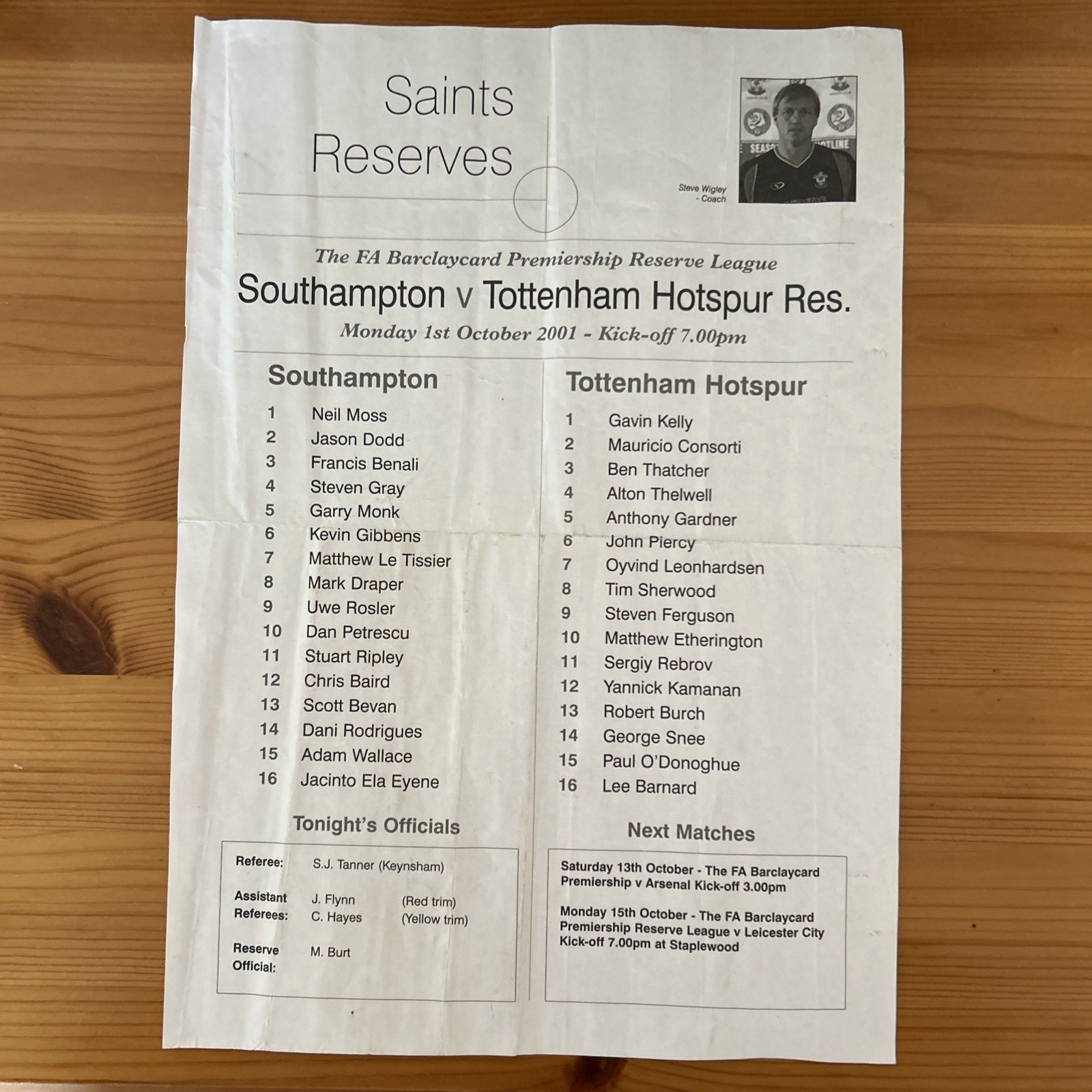 Southampton V Tottenham Hotspur 2001/02 Reserves for sale on Ebay