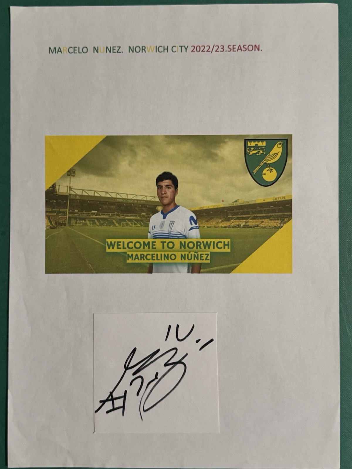 MARCELO NUNEZ. NORWICH CITY 2022/23.SEASON. SIGNED PICTURE for sale on Ebay