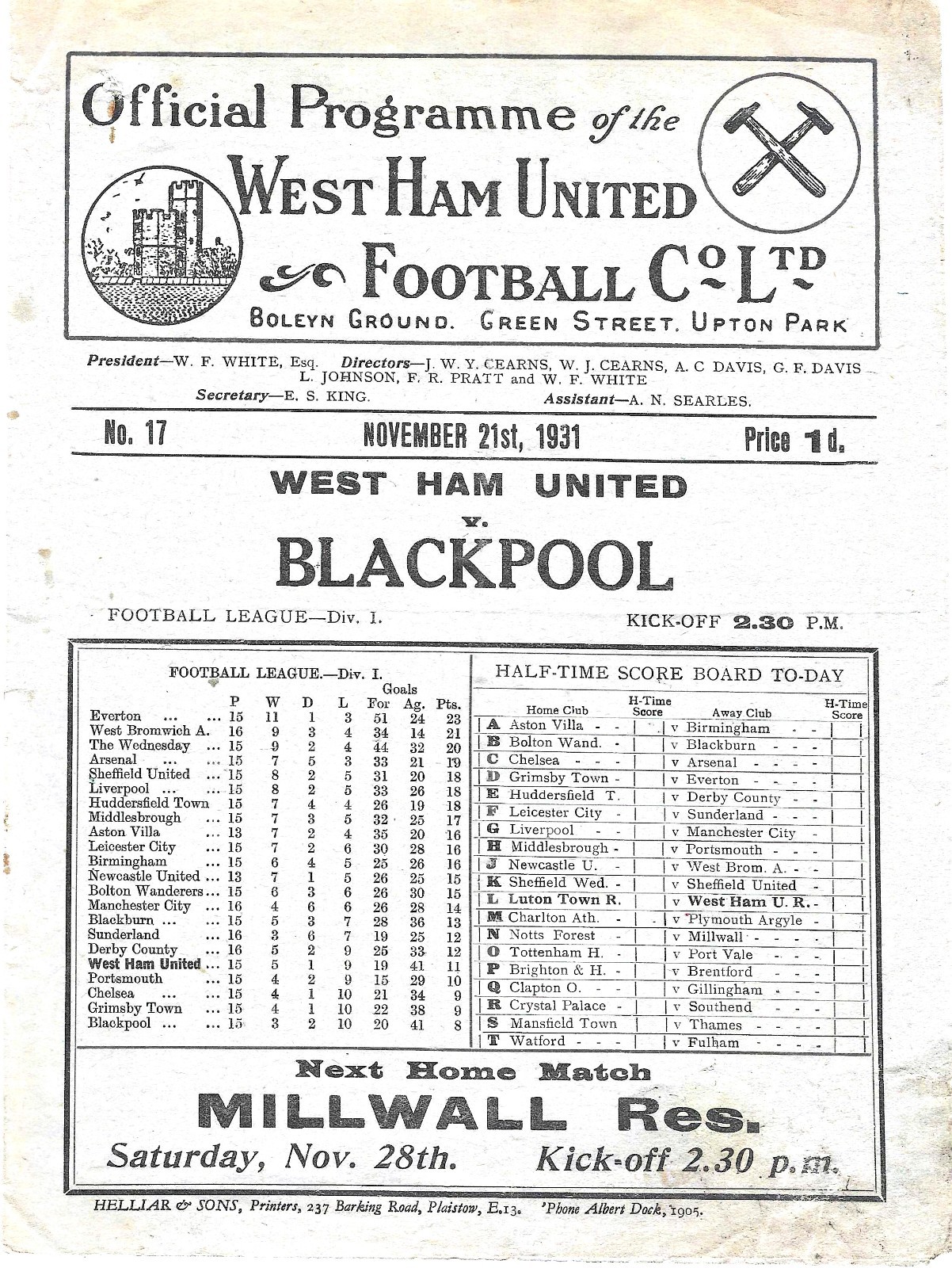 WEST HAM UNITED V BLACKPOOL ~ 21 NOVEMBER 1931 ~ 94 YEAR OLD FOOTBALL PROGRAMME for sale on Ebay