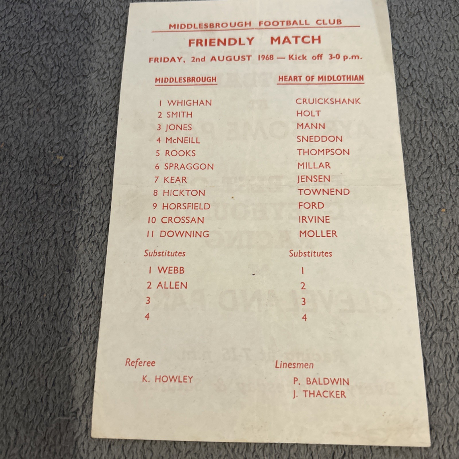 Middlesbrough v hearts  Friendly 1968 for sale on Ebay