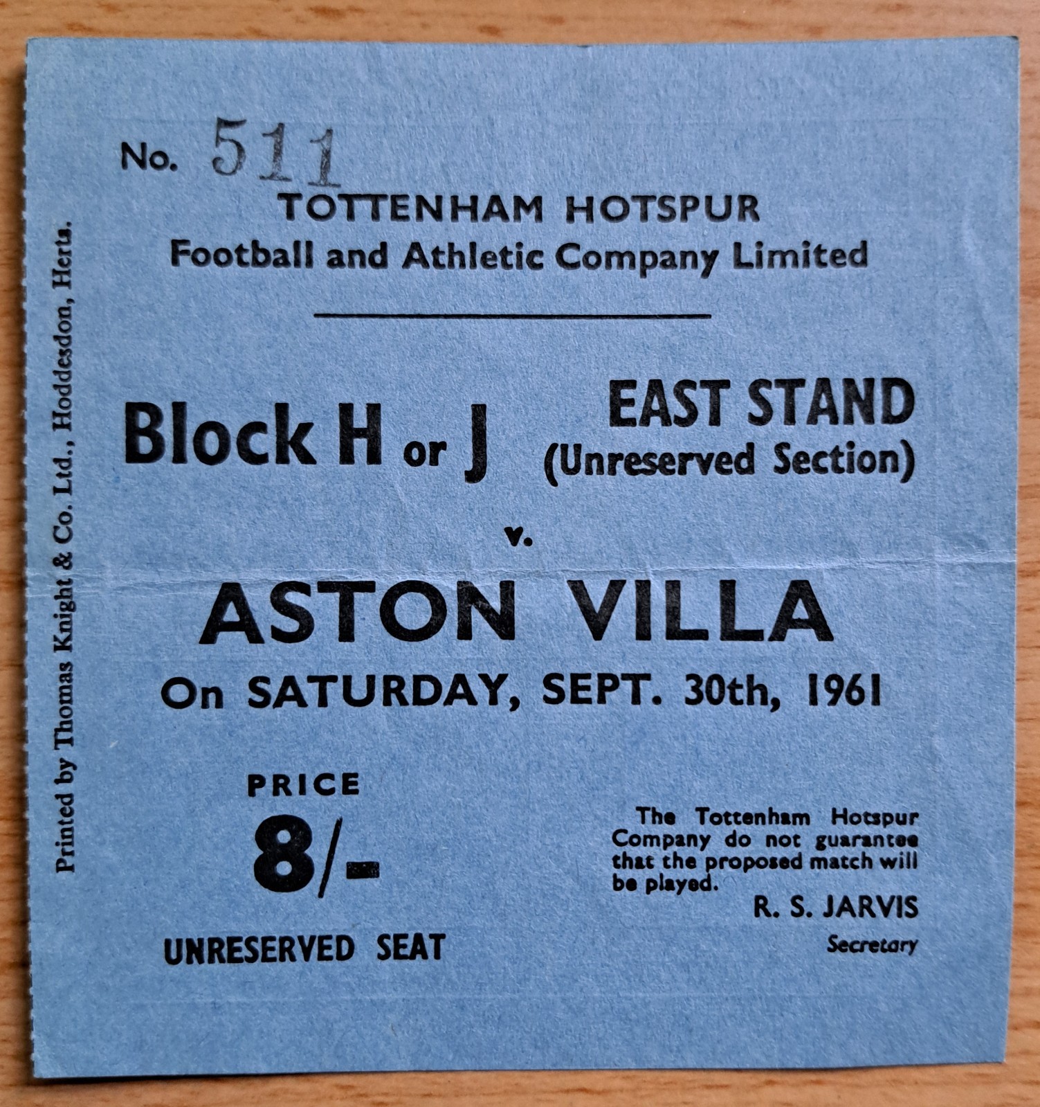 Tottenham / Spurs v Aston Villa 30 Sept 1961 ticket stub for sale on Ebay