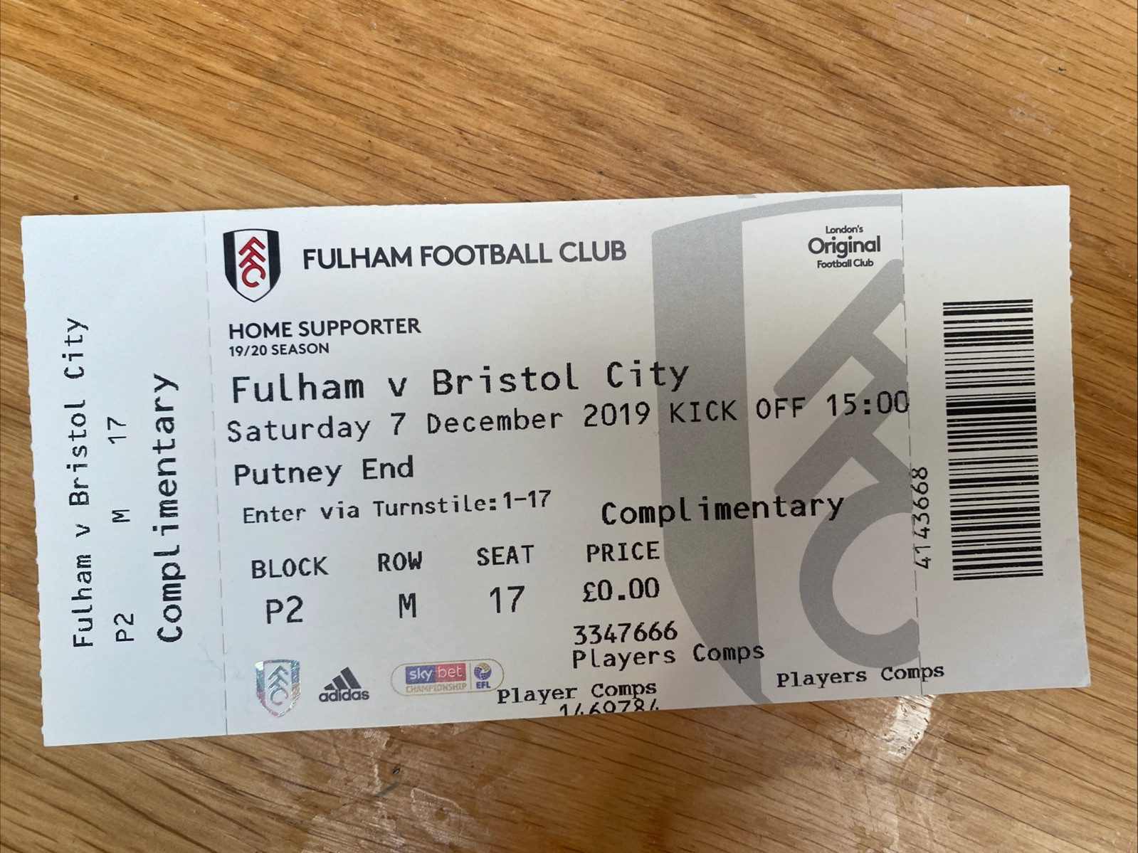 2019/2020 Fulham    v    Bristol City    7/12 for sale on Ebay