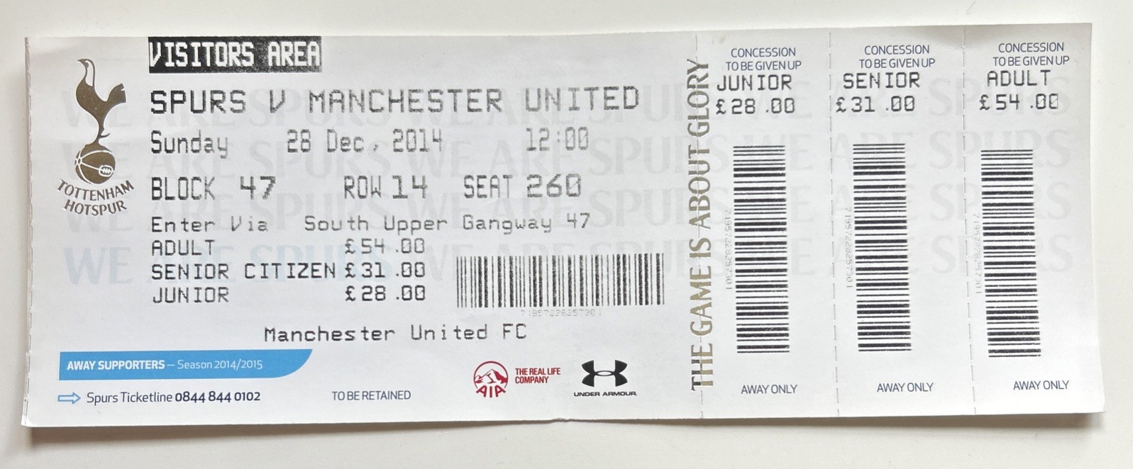 TICKET 2014/15 Tottenham v  Manchester United League - Unused Utd End for sale on Ebay