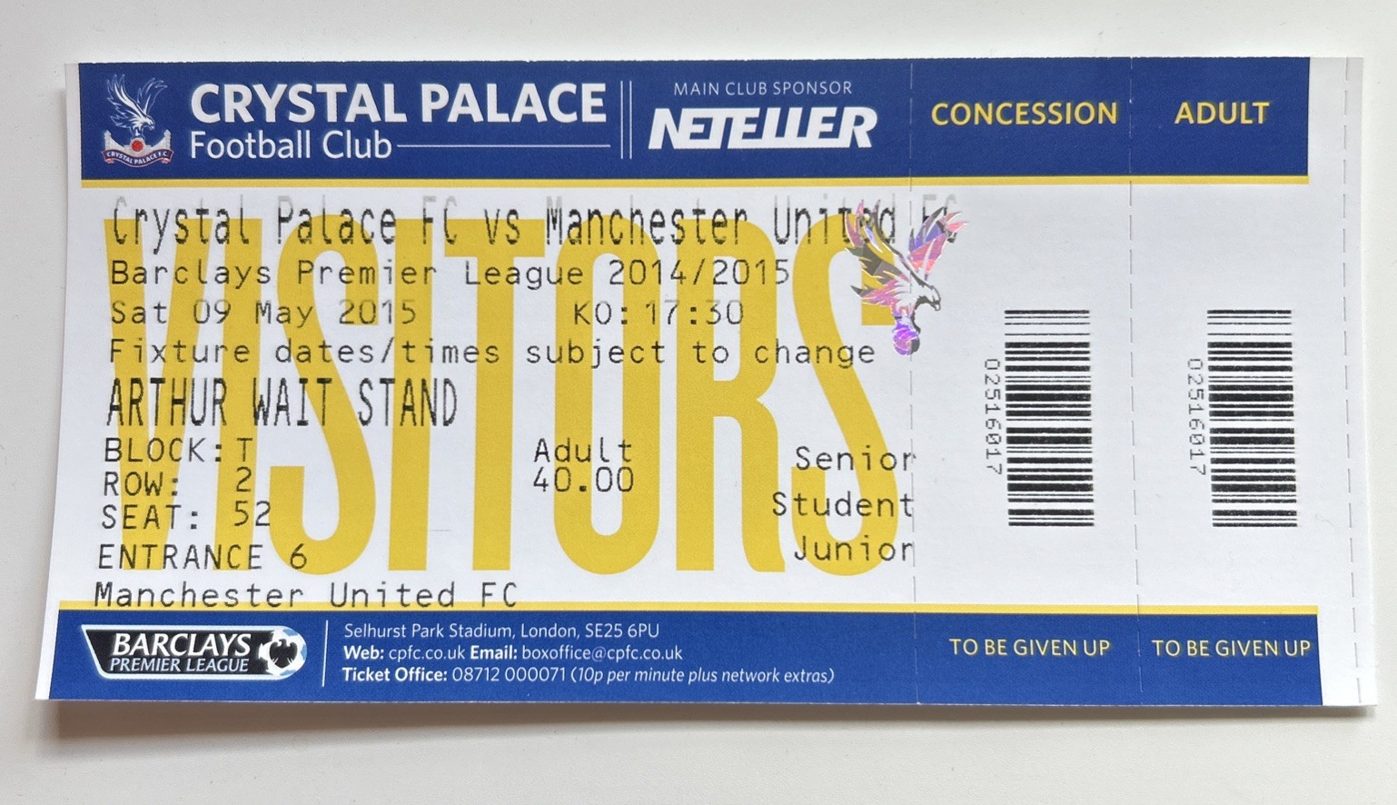 Crystal Palace v Manchester United 2014/2015 unused Ticket Premier League for sale on Ebay
