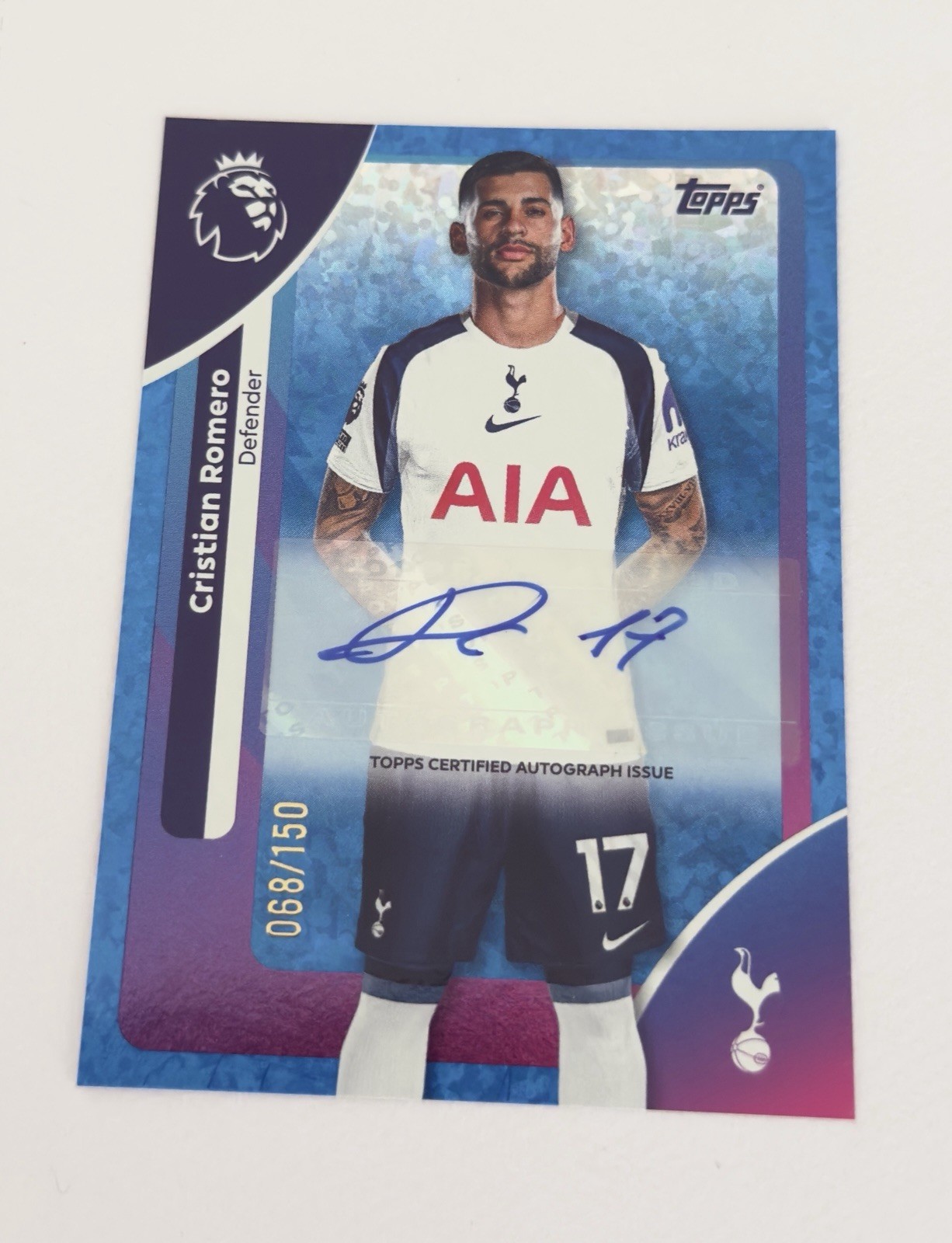 Topps Premier League Cristian Romero Tottenham Auto Blue /150 for sale on Ebay