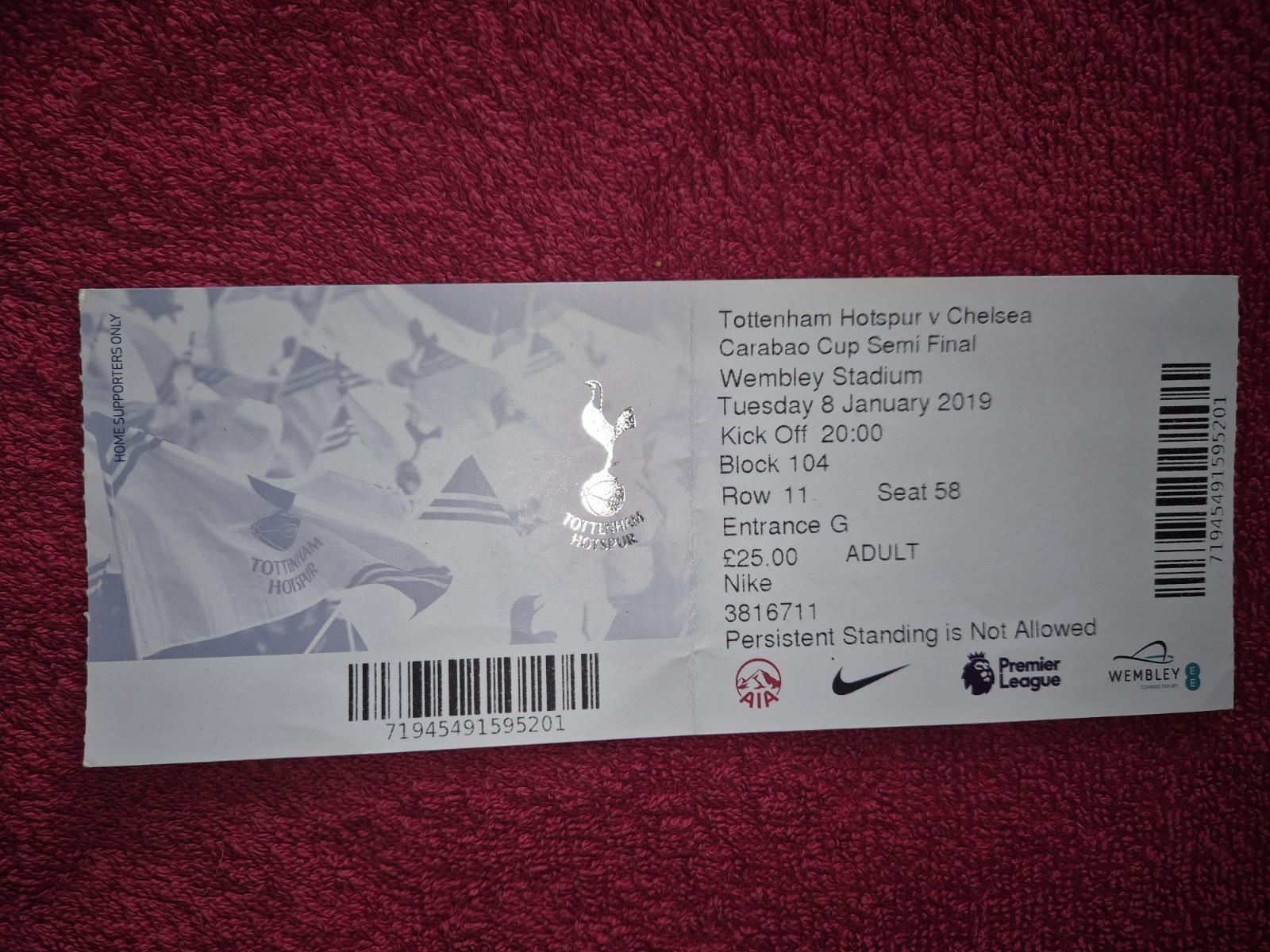 Tottenham Hotspur  Chelsea  8 January 2019 ticket Carabao Cup semi final Spurs for sale on Ebay