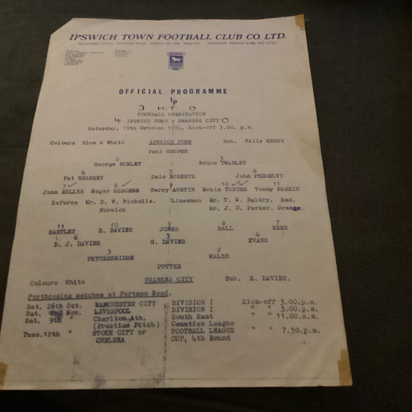 1974/5 Ipswich Town v Swansea City Combination league. for sale on Ebay