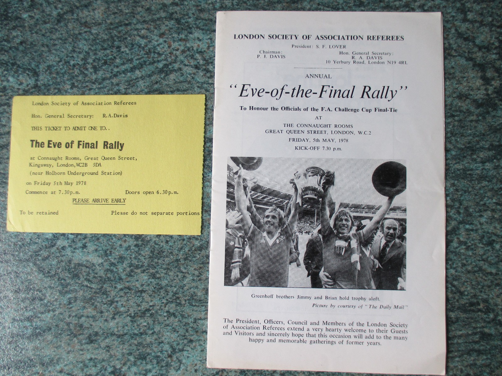 1978 FA CUP EVE OF THE FINAL RALLY REFEREES BROCHURE & TICKET ARSENAL V IPSWICH for sale on Ebay