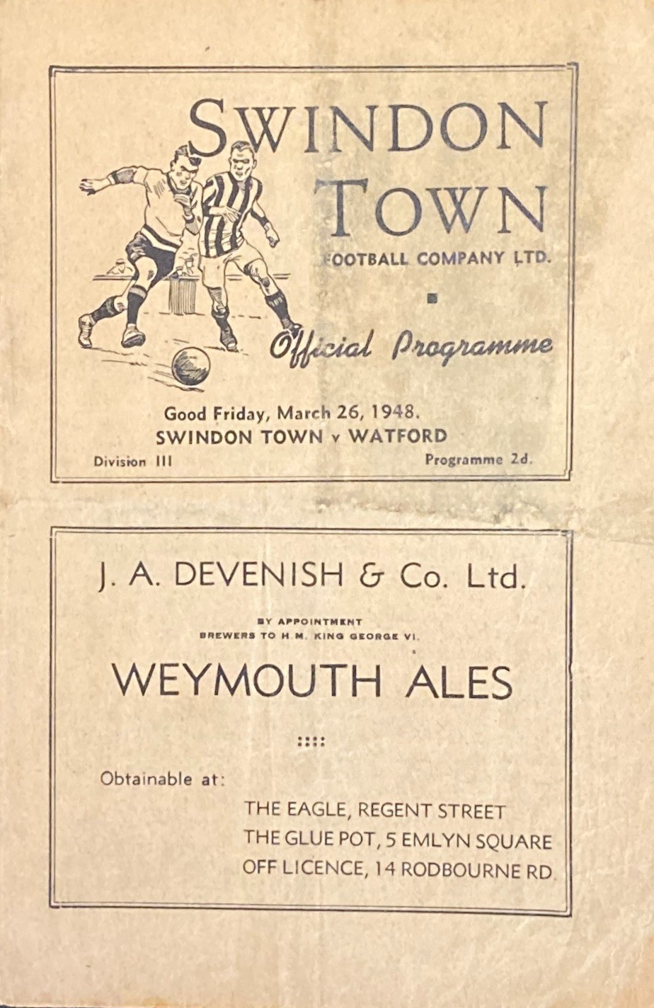 Swindon Town v Watford Div 3 (S) 1947/48 for sale on Ebay