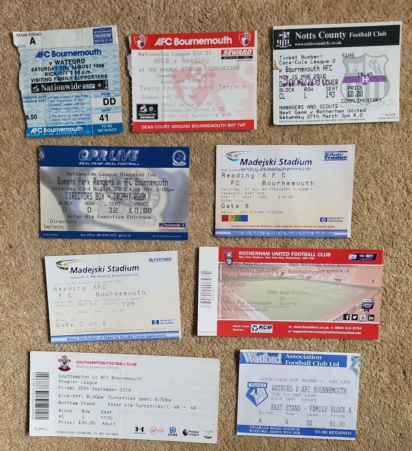 Bournemouth Ticket Stubs Job Lot bundle  QPR  Southampton Reading Watford, Notts for sale on Ebay