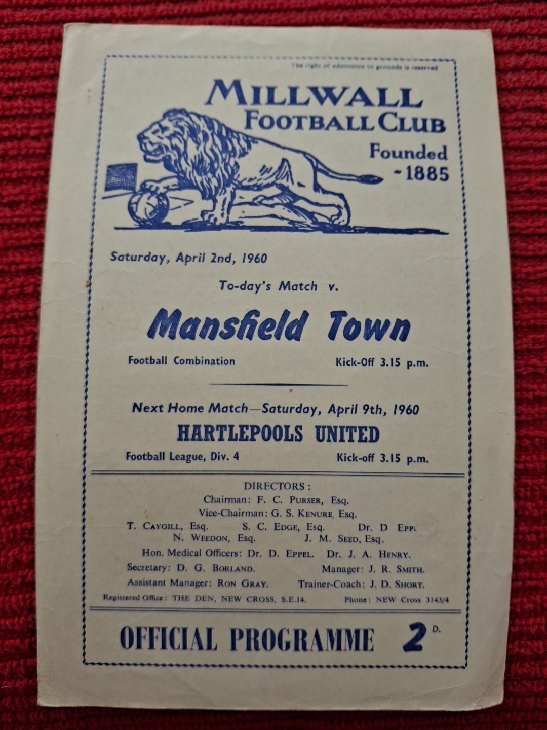 Millwall Reserves v Mansfield Town Res programme.  9/4/1960 for sale on Ebay