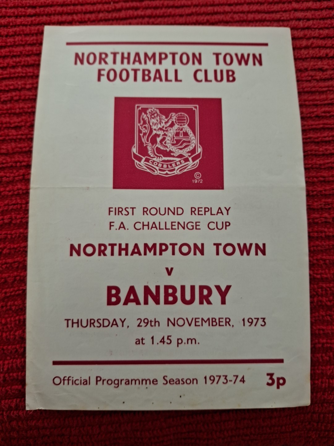 Northampton Town v Banbury programme.  29/11/1973  FA Cup Replay  for sale on Ebay