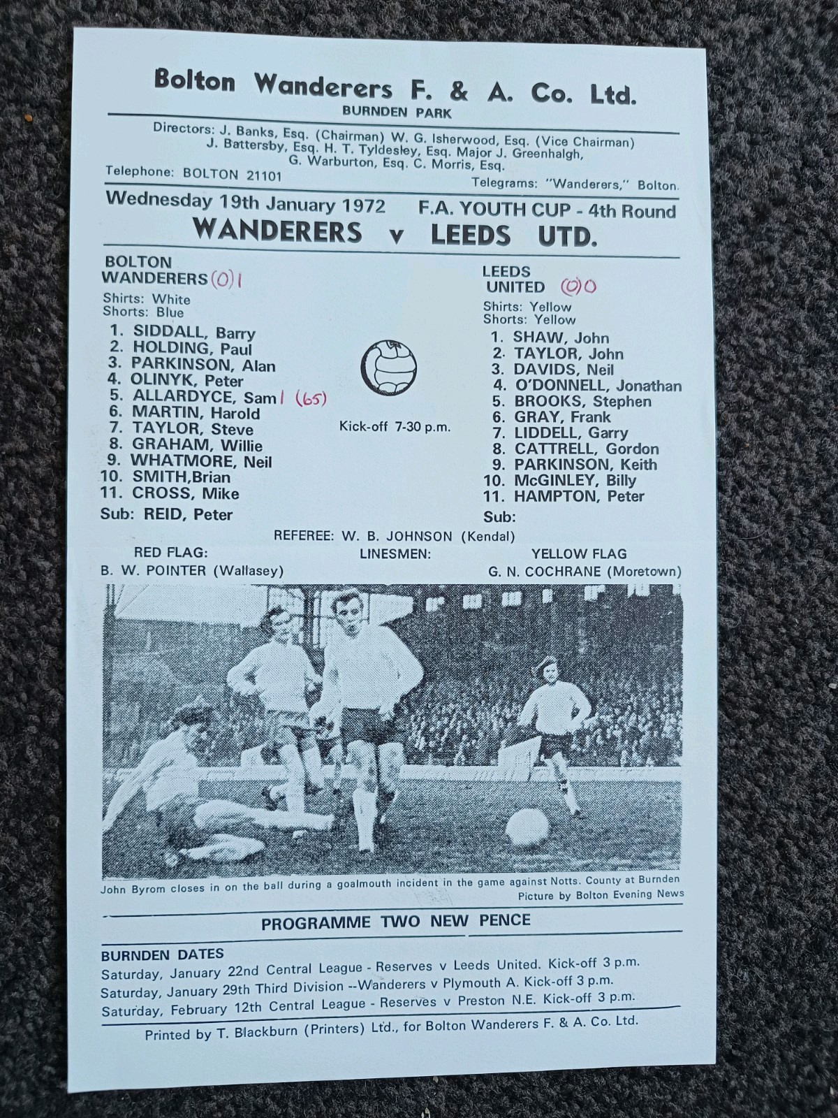 Bolton Wanderers v Leeds United. FA Youth Cup Rnd 4 January 19 1972. Burnden Pk. for sale on Ebay