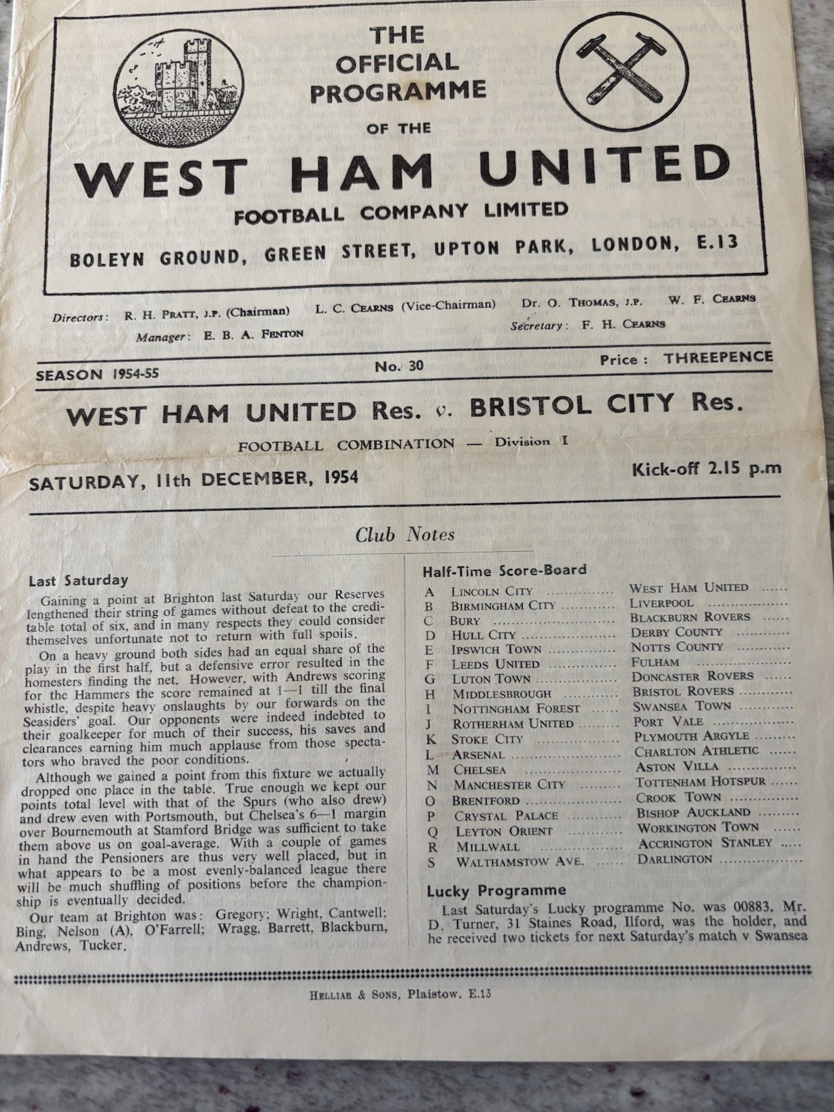 West Ham United Reserves v Bristol City Reserves. 11th December 1954 Combination for sale on Ebay