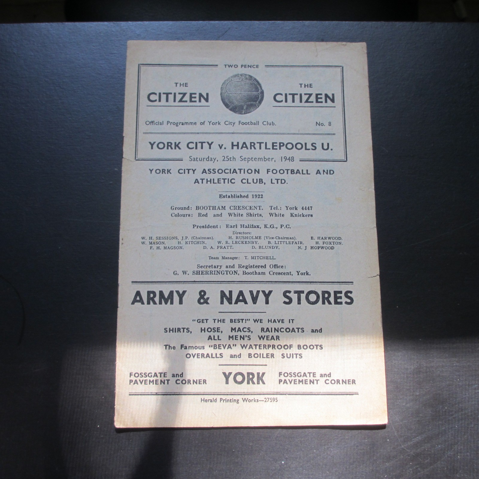 York v Hartlepools Div 3 North 1948/9 for sale on Ebay